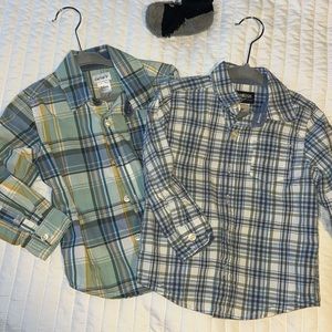 Button down set. Plaid blues, greens .